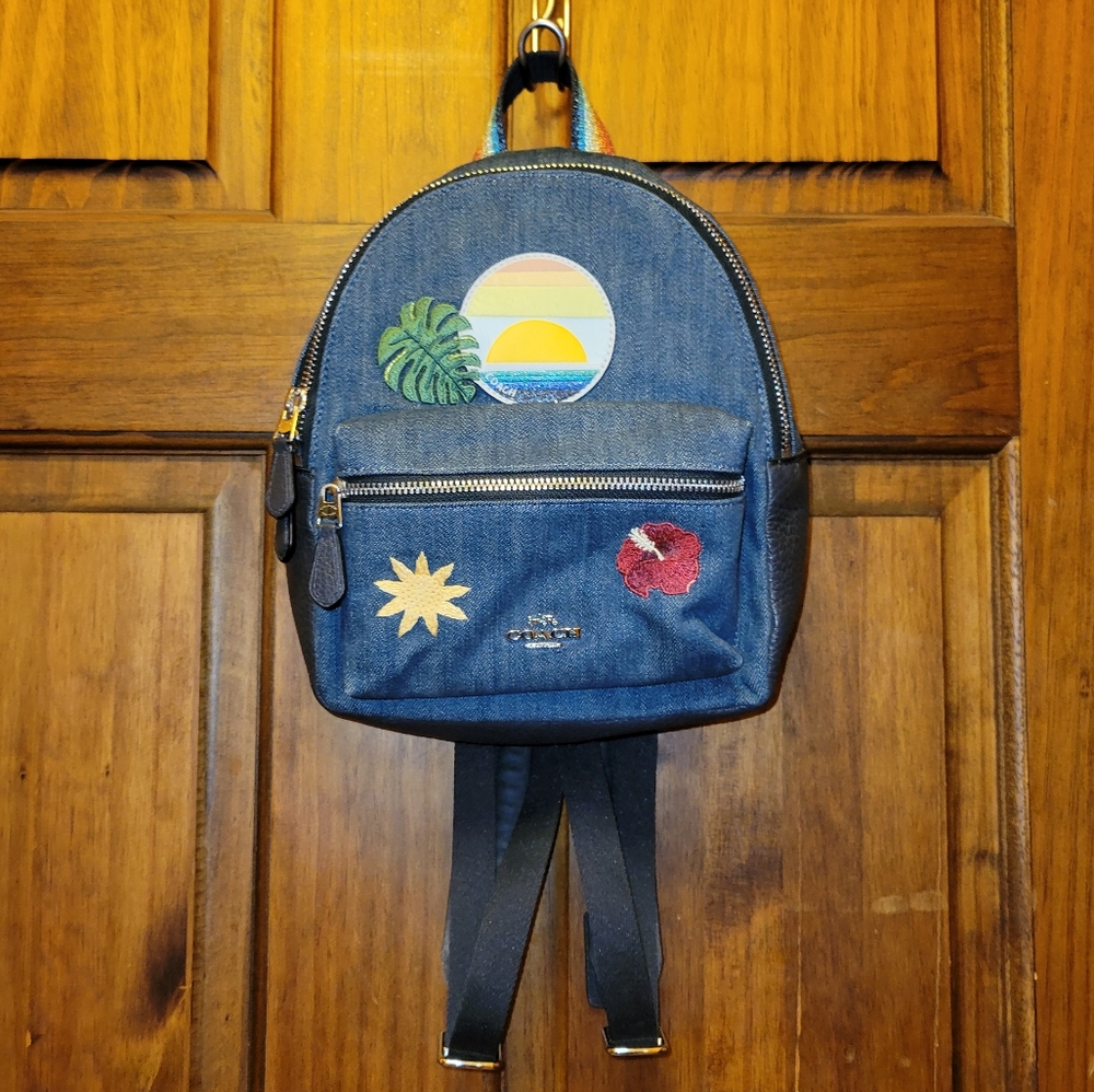 COACH F28958 CHARLIE MINI BACKPACK WITH BLUE HAWAII PATCHES SUNSET, FLOWER, LEAF